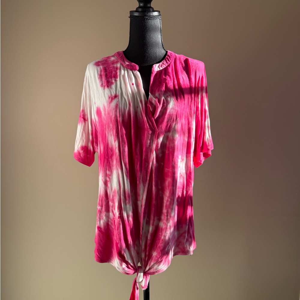 Maternity Women's Pink Tie-Dye Short Sleeve Tie Front Top